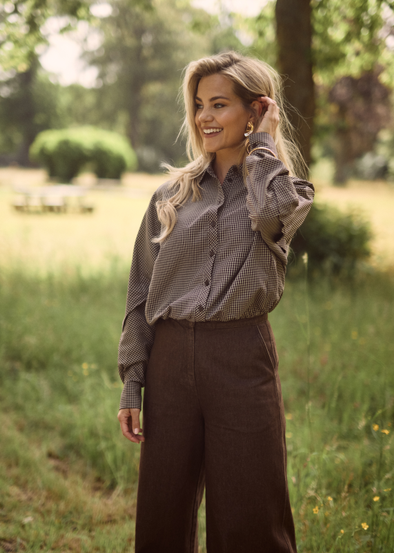 Freebird Blair Wide Drawstring Blouse Chocolate Check