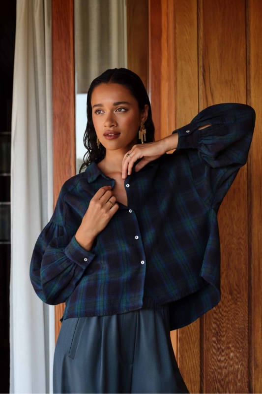 By-Bar sarah short green check blouse green tartan check